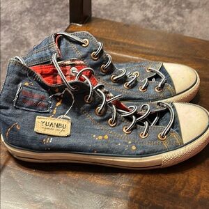Denim High-Top Sneakers with Red Accents